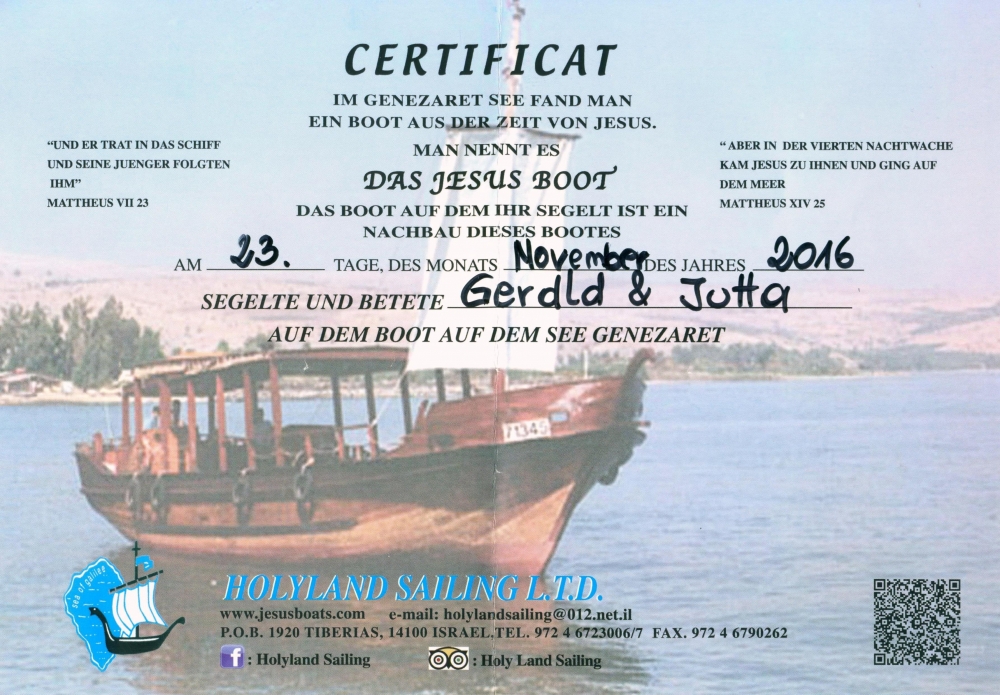 2016 11 23 Certificat Jesus Boot See Genezareth