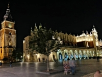 Rathausturm und Tuchhallen bei Nacht