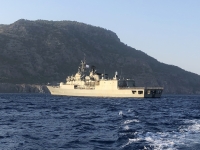 2020 09 09 Bootsfahrt nach Saria Patroille der griechischen Marine im Hafen von Pigadia
