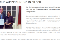 2023 01 28 AVOÖ Online  Landessportehrenzeichen Silber für Petra Lindinger