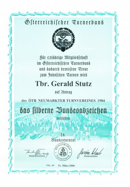 2006 03 31 Silbernes Ehrenzeichen des ÖTB für 25 Jahre Mitgliedschaft