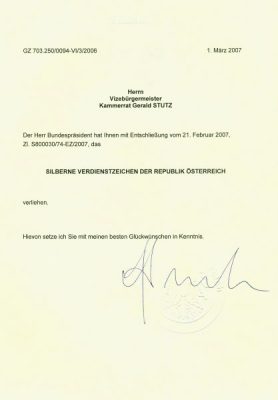2007 04 14 Silbernes Verdienstzeichen der Republik Österreich - Schreiben Bundeskanzler