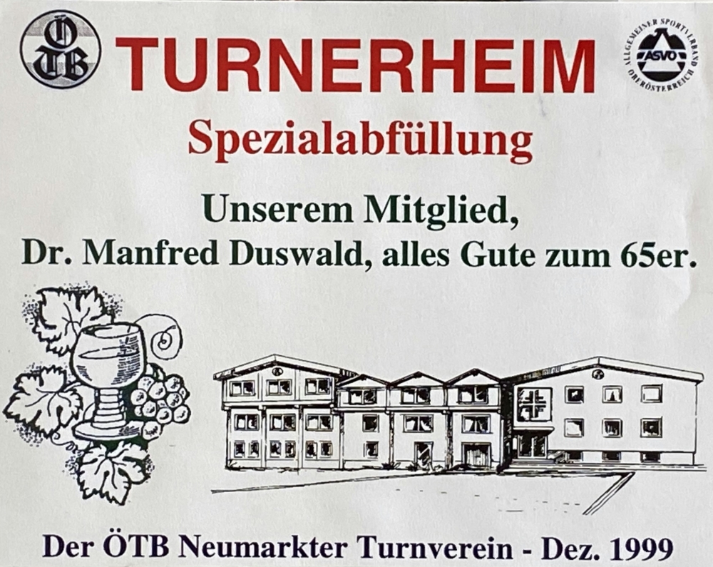 1999 12 19 Geburtstagsständchen Dr Duswald Manfred 65 Jahre Weinetikett